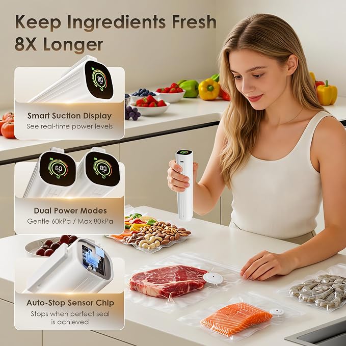 Compact Vacuum Sealer for Food (Vacuum Sealer Machine + 30 Reusable Vacuum Bags) Powerful Handheld Vacuum Sealer Machine, Featuring LED Pressure Display, Portable Food Sealer - Image 3