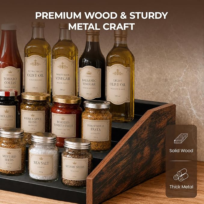 3-Tier Expandable Spice Rack Organizer, 12.8-22.6 in, Rustic Brown | Adjustable, Countertop Stepped wood & iron Seasoning Organizer, Shelf for kitchen Cabinet Pantry Jars Bottles Syrup - Image 4