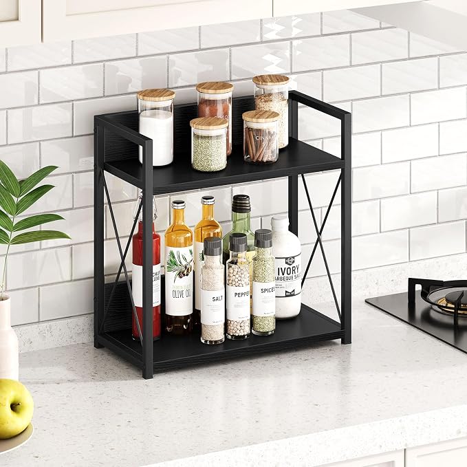 Giikin Kitchen Countertop Organizer, 2 Tier Coffee Bar Organizer, Black Spice Rack for Counter, Kitchen Counter Shelves, Particleboard,15.8" L x 7.9" W x 15.8" H (Black, L) - Image 5