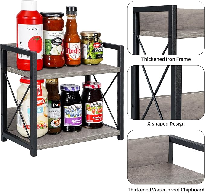 Giikin Countertop Shelf Organizer, 2 Tier Kitchen Spice Rack for Countertop, Wood Kitchen Counter Shelf for Home, Coffee Station Organizer (Grey,S) - Image 6