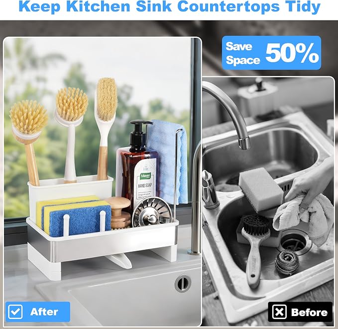 Sponge Holder for Kitchen Sink Caddy Organizer, Dish Brush Holder | Stainless Steel Sponge Caddy for Kitchen Countertop Organizer, Rustproof Dish Soap and Sponge Rack with Dishcloth Drying Rack - Image 6
