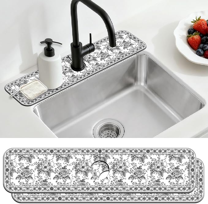 2 Pcs Black Flower Kitchen Sink Splash Guard Faucet Mat | Black Sketch Flowers Pattern Faucet Mat for Sinks Absorbing Drying Mat for Kitchen Bathroom 23.6x5.5in by CONCHLERY%E6%97%97%E8%88%B0%E5%BA%97