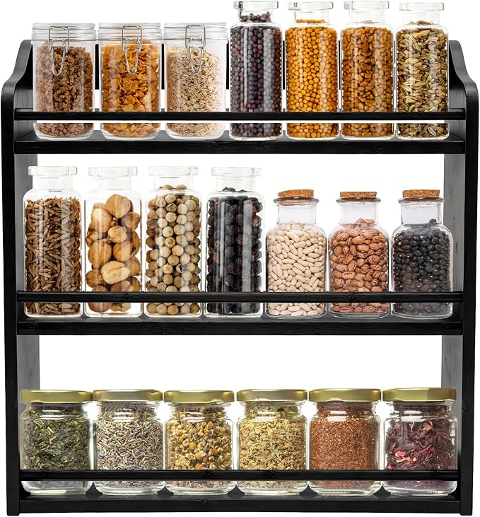 3 Tier Bamboo Spice Rack Wall Mount or Countertop,Spice Organizer | Seasoning Jars Rack Spice Shelf Organizer for Kitchen Counter or Wall Mounting (Black) by FoverOne