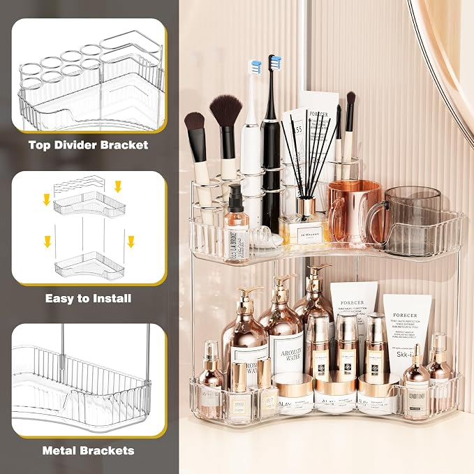 Asayuee 2-Tier Corner Bathroom Counter Organizer with Top Toothbrush Holders,Large Makeup Organizer Countertop with Brush Holder,Skincare Organizers Corner,Exquisite Vanity Organizer(Clear, 2 Tier) - Image 6
