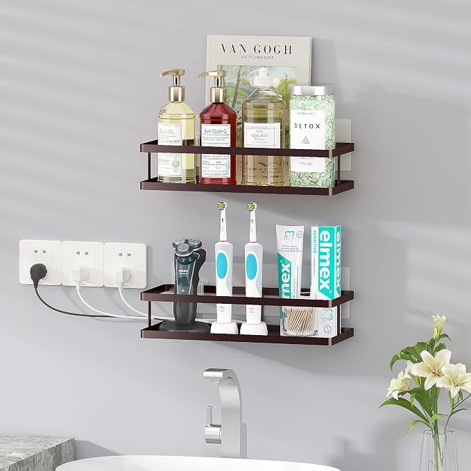 PUSDON 2-Pack Minimalist Shower Caddy Wall Mount, Open Frame Bathroom Shelf Organizer with Mesh Base, Rustproof Floating Spice Rack for Kitchen, Holds 50 LBS, 4 Hooks - Vintage Bronze, Guardrail - Image 8