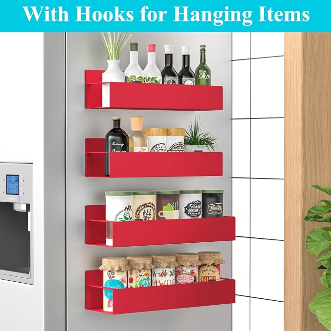 4 Pack Magnetic Spice Storage Rack Organizer for Refrigerator and Oven, Red Fridge Organizers and Storage | Magnetic Shelves Heavy Duty for Fridge in Kitchen, Seasoning Storage Organizer, For Oven Washer and Dryer, For Heavier Items - Image 2