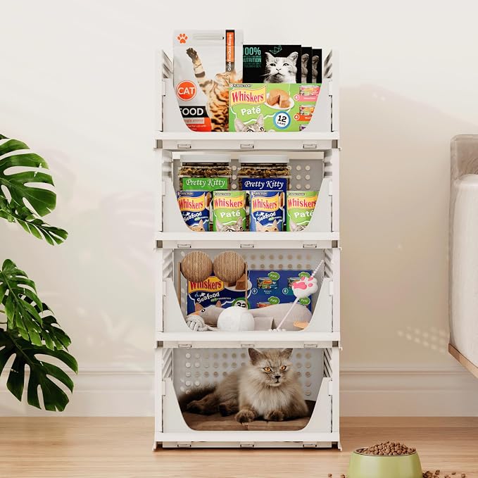 Stackable Plastic Storage Basket, Foldable Closet Organizers, Drawer Shelf Storage Container/Bins for Wardrobe Kitchen Bathroom Office Dorm, White, 4 Packs - Image 2