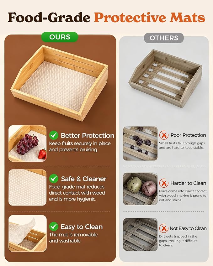 3-Tier Bamboo Fruit Basket with 2 Banana Holders | Large tiered organizer for bread, snacks, veggies. Sturdy bamboo, includes mats & dividers. Easy to assemble. - Image 4