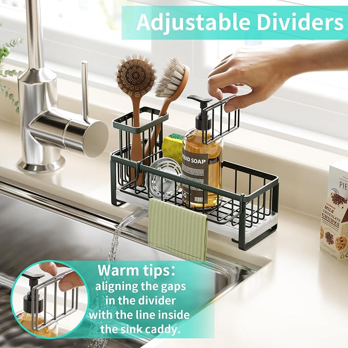 HapiRm Sponge Holder for Kitchen Sink - Self-draining Sink Caddy with Brush and Dishcloth Holders, Stainless Steel Kitchen Organizer for Countertop - Green - Image 4