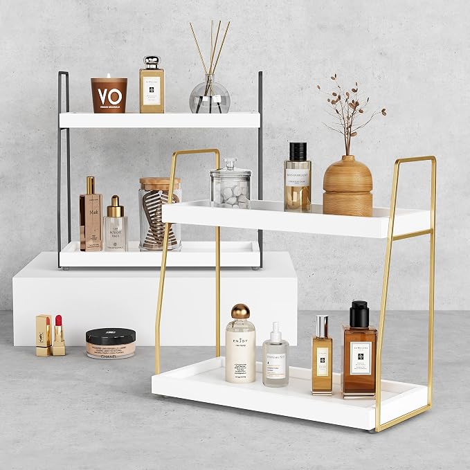 Forbena Bathroom Organizer Countertop, Counter Organizer for Bathroom Decor, Wooden Sink Shelf for Vanity Storage, Makeup Tray for Perfume Skincare Bedroom Kitchen Corner (2 Tier, White and Gold) - Image 6