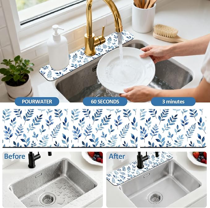 2 Pcs Kitchen Sink Splash Guard Faucet Mat Watercolor Blue Leaves Faucet Mat for Sinks Absorbing Drying Mats for Kitchen Bathroom, 23.6x5.5inch - Image 5
