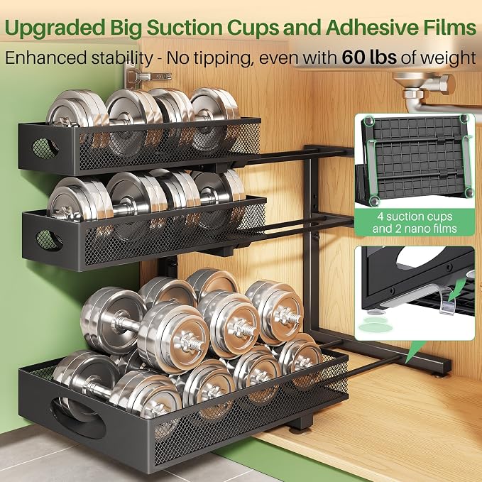 Kitstorack Under Sink Organizer 3-Tier Slide Out Drawer 1-Pack Black | Height Adjustable, Metal Mesh Storage Rack, Pull out Cabinet Organizer Shelf for Bathroom Kitchen Pantry Home Organization - Image 7