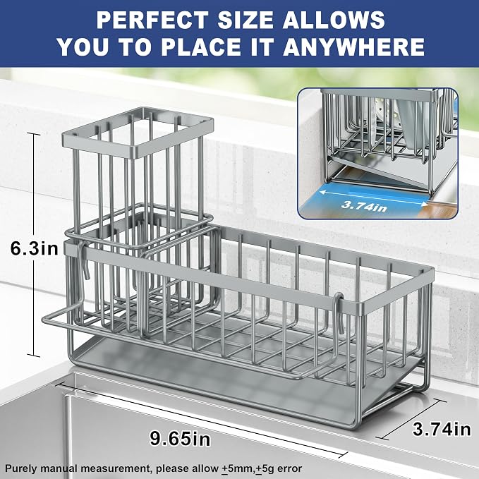Sponge Holder for Kitchen Sink, Kitchen Sink Caddy, Kitchen Sink Sponge Holder, Dish Sponge Holder, Kitchen Sink Organizer for Sponge, Dish Brush, Scrubber(9.65" x 3.74" x 6.3", Gray) - Image 2