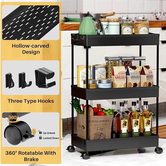 3 Tier Rolling Cart with Wheels, Storage Craft Art Trolley Organizer Serving, 3 Hanging Baskets Easy Assembly, for Office, Bathroom，Living Room, Kitchen, Black - Image 3