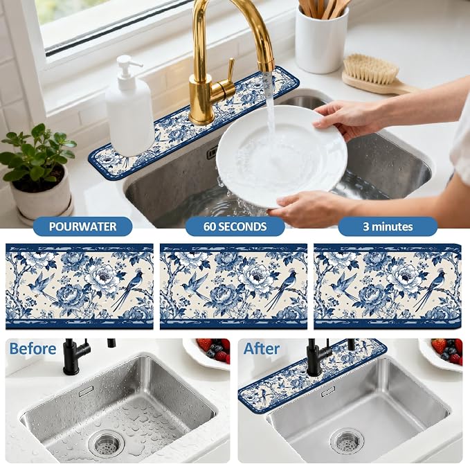 2 Pcs Kitchen Sink Splash Guard Faucet Mat Vintage Porcelain Flowers and Birds Pattern Faucet Mat for Sinks Absorbing Drying Mat for Kitchen Bathroom, 23.6x5.5inch - Image 5