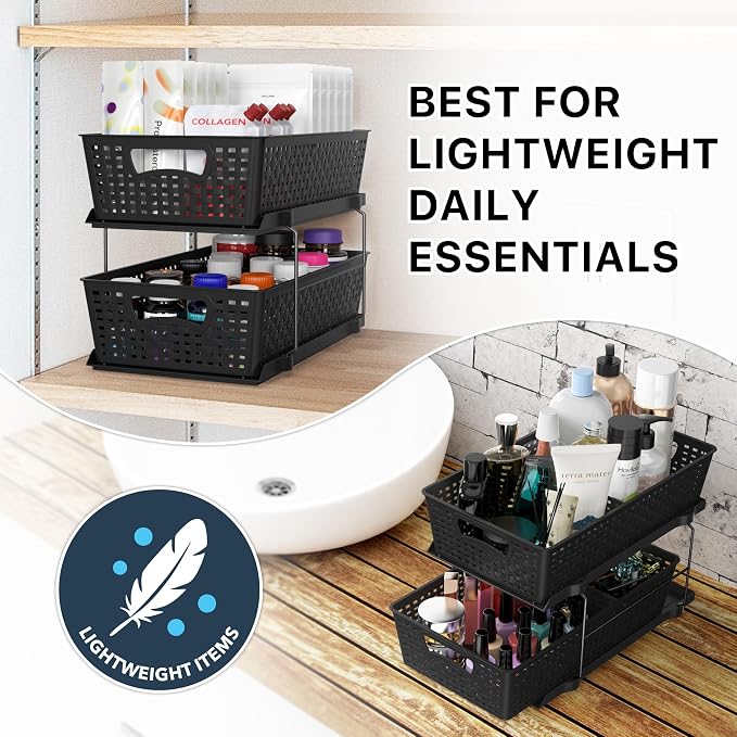 Simple Houseware 2 Tier Pull-Out Sliding Drawer Under Sink Storage, Black | Great for Kitchen Bathroom Tray Shelf Organizer - Image 7