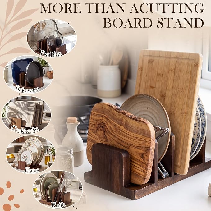 2 Pack Acacia Wood Cutting Board Holder, Kitchen Rack for Cutting Boards, Lids, Bakeware Storage, Countertop Pan & Tray Holder with 3 Slots, Plate Organizer for Cabinet, Baking Sheets - Image 5