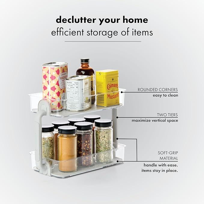 madesmart Two Level Spice Organizer, Grey | tiered layout, label visibility, soft grip lining, cabinet pantry use, seasoning bottles, woman owned - Image 2