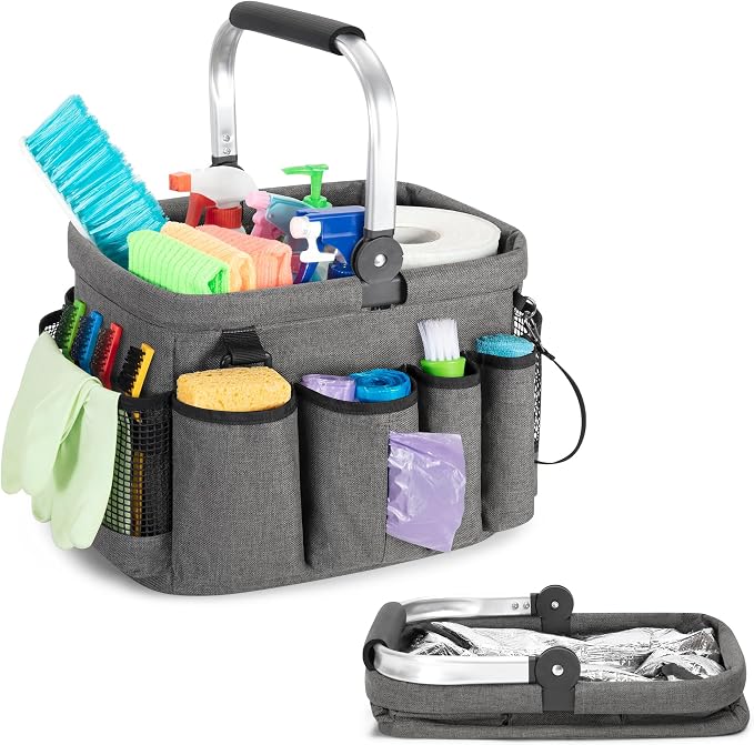 PGmoon Cleaning Caddy Organizer with Handle,Grey | Cleaning Tote Bag with Multiple Pockets for Cleaning Supplies, Products Storage, Housekeepers, Kitchen Cleaning Supplies by PGmoon