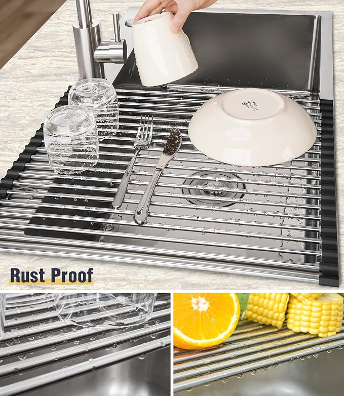 Tomorotec Roll Up Dish Drying Rack Over Sink, 304 Steel, 21x15.5, Black | Anti-Slip Silicone Rims For Grip, Heat-Resistant Trivet Mat Holding Heavy Cookware, Rustproof Kitchen Counter Space Saver - Image 2