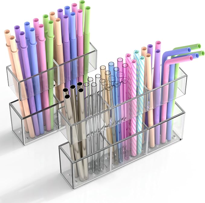 Small Acrylic Straw Holder for Cabinet Door, Adjustable Two-Part | 2 Pack Reusable Straws Organizer with Ultra Sticky Adhesive Strips, 2026 Straw Storage for Kitchen Cupboard by Rycid