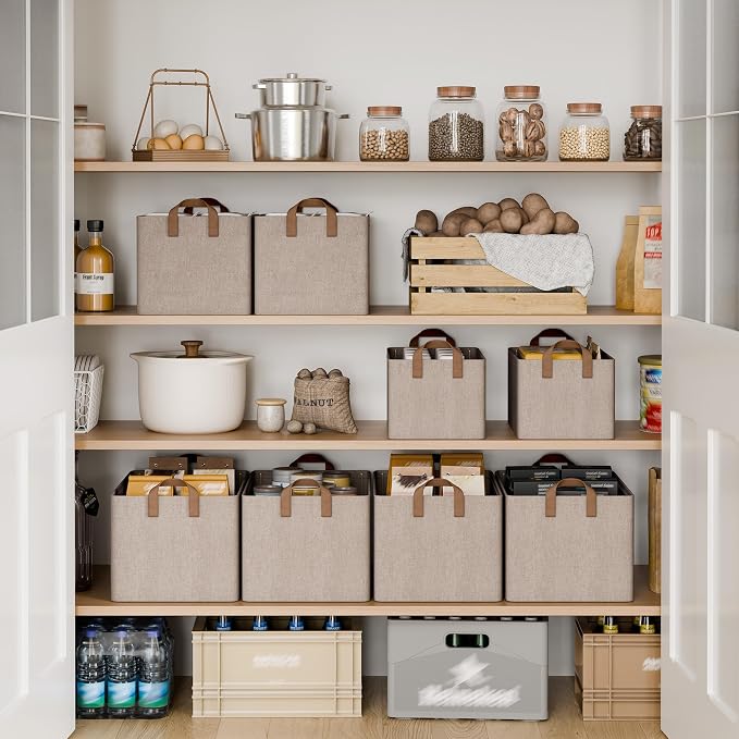 StorageWorks Fabric Storage Bins, Brown and Beige, Extra Large, 2-Pack | 45L, With Reinforced PU Handles, Metal Frame, Collapsible, Storage Basket for Shelves, Closet, Holds Clothes, Towels, Blanket - Image 3