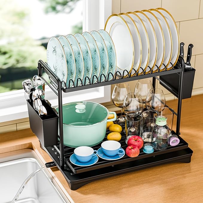 Simple Trending Dish Rack, Dish Drying Rack 2 Tier, Stainless Steel Dish Drainers with Utensil Holder and Drainboard for Kitchen Sink Organizers, 11.875" W x 16.625" D, Black by SimpleTrending