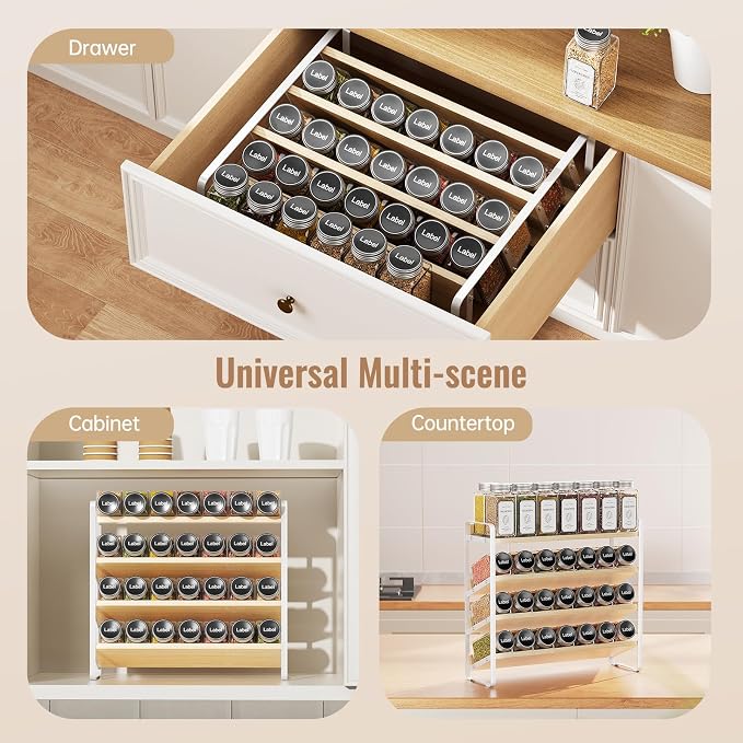 MUDEELA 4 Tier Spice Rack Organizer for Cabinet, (No Jars Included), White | Wooden Vertical Spice Shelf, Seasoning Organizer for Countertop, Kitchen, Pantry, Freestanding, 13.4" W × 11.2" H - Image 5