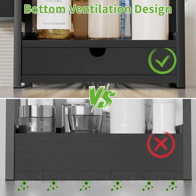 2-Tier Bathroom Counter Organizer, Wooden Vanity Shelf with Drawer & Basket | Pre-Drilled Holes, Skincare & Makeup Countertop Organizer and storage, Black - Image 7