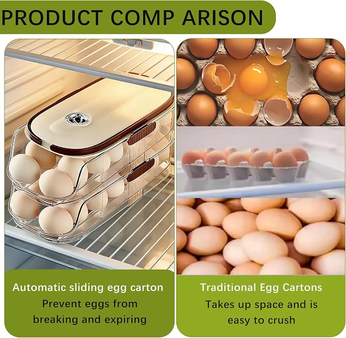 Egg Holder for Fridge,28 Auto Rolling Egg Container Clear& Lid | Stackable Eggs Organizer and Storage, 7-Degree Slope , Timed Freshness, Sturdy Dispenser & Tray for Refrigerator with Handle - Image 5