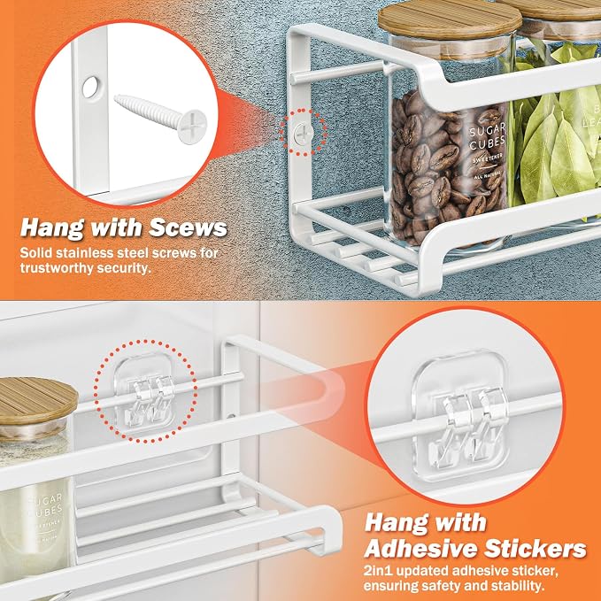 Bunoxea Spice Rack Wall Mounted 4 Pack, White,11.41x2.75x2.75in | 4 Removalble Hooks,Screw or Adhesive Hanging,Space-Saving,For Kitchen Cabinet, Pantry Door,Stove,RV - Image 3