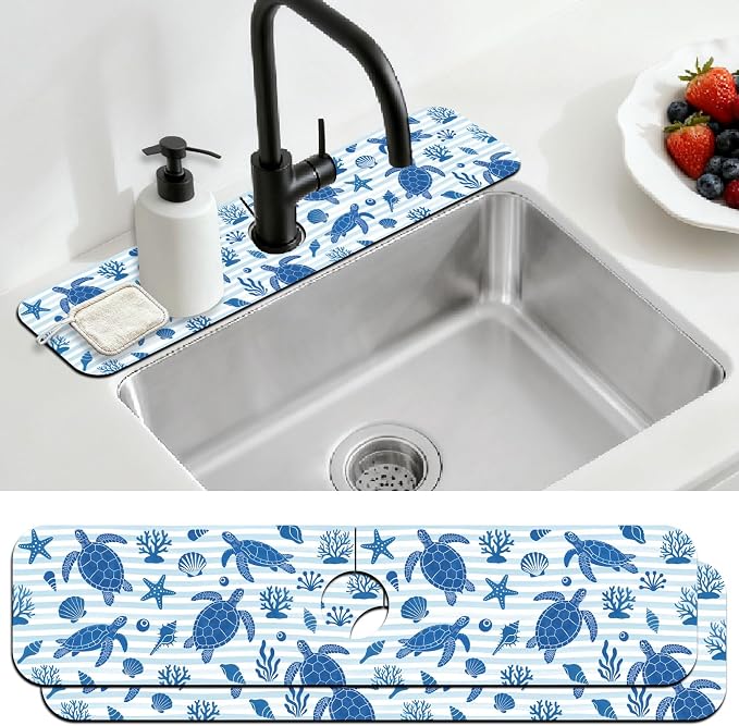 2 Pcs Kitchen Sink Splash Guard Faucet Mat Marine Elements Faucet Mat for Sinks Turtle Pattern Absorbing Drying Mats for Kitchen Bathroom, 23.6x5.5inch by CONCHLERY%E6%97%97%E8%88%B0%E5%BA%97