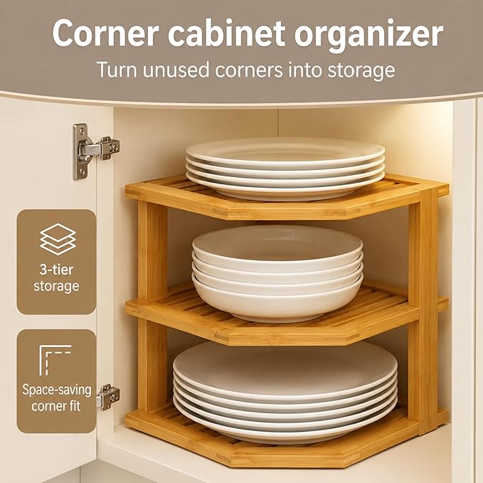 Bambüsi Kitchen Cabinet Organizer, Corner Plate Organizer for Cabinet | 3-Tier Bamboo Corner Shelf Rack, Holds Plates Bowls Mugs Cups, Space Saving Dish Storage Organization, Easy Assembly - Image 4