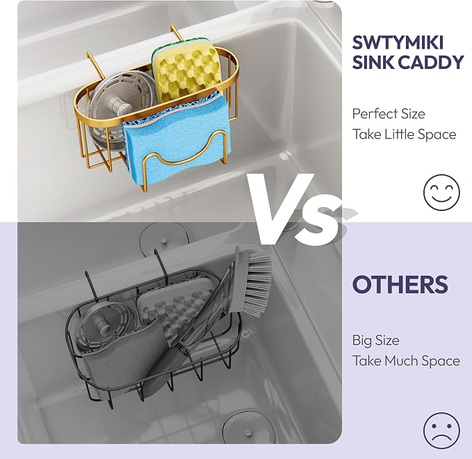 SWTYMIKI Sponge Holder for Kitchen Sink - Movable Kitchen Sink Caddy with M Shape Hook, Stainless Steel Hanging Sponge Caddy for Dish Sponge, Brush, Stopper Organizer in Double Sink, Gold - Image 5