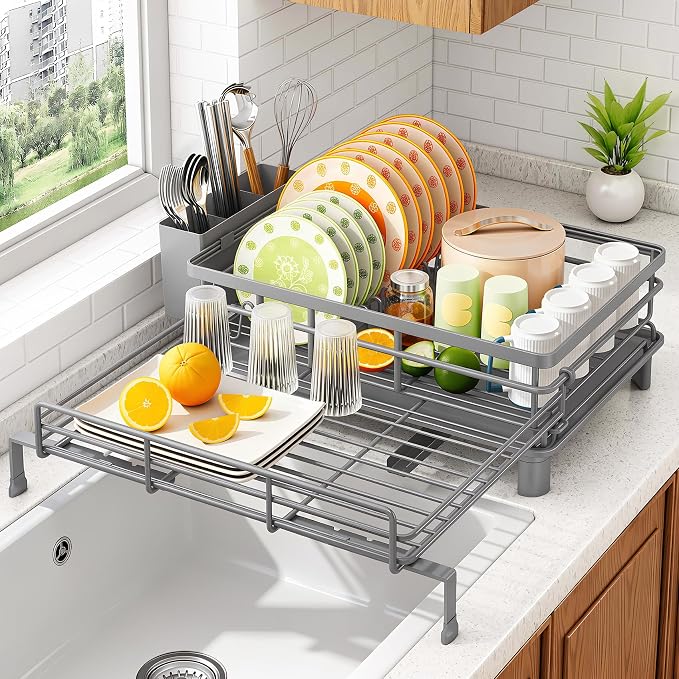 SAYZH Expandable Dish Drying Rack for Kitchen Counter, Metal, Grey | Foldable Over Sink, Large Capacity, Rust-Resistant, Adjustable for Most Sinks, Automatic Drainage, Removable Utensil Holder by SAYZH