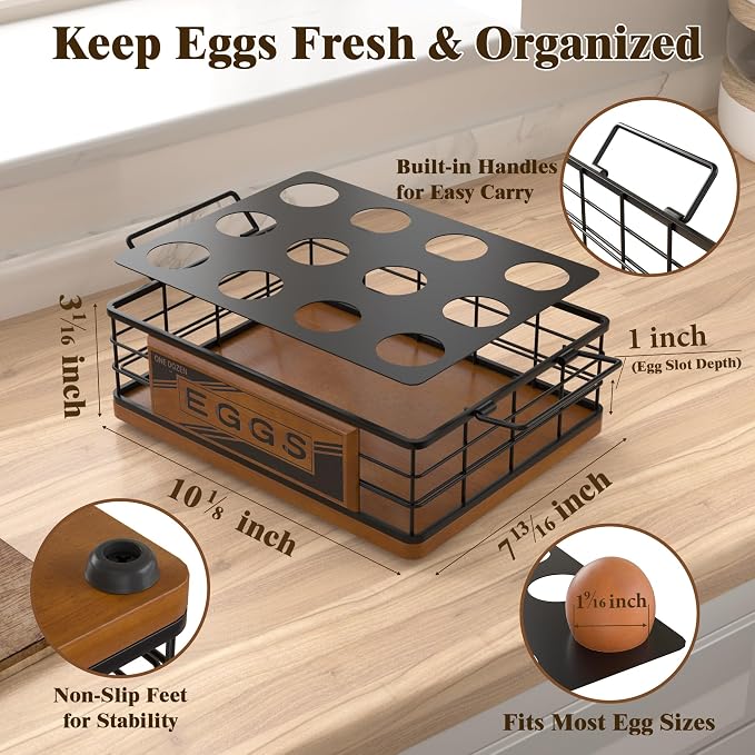 Farmhouse Egg Holder Countertop, Oak Wood & Metal Egg Basket with Handles | Stackable Rustic Egg Tray Organizer for Kitchen Counter, Holds 12 Eggs, Removable Divider for Fresh Egg Storage, Walnut - Image 5