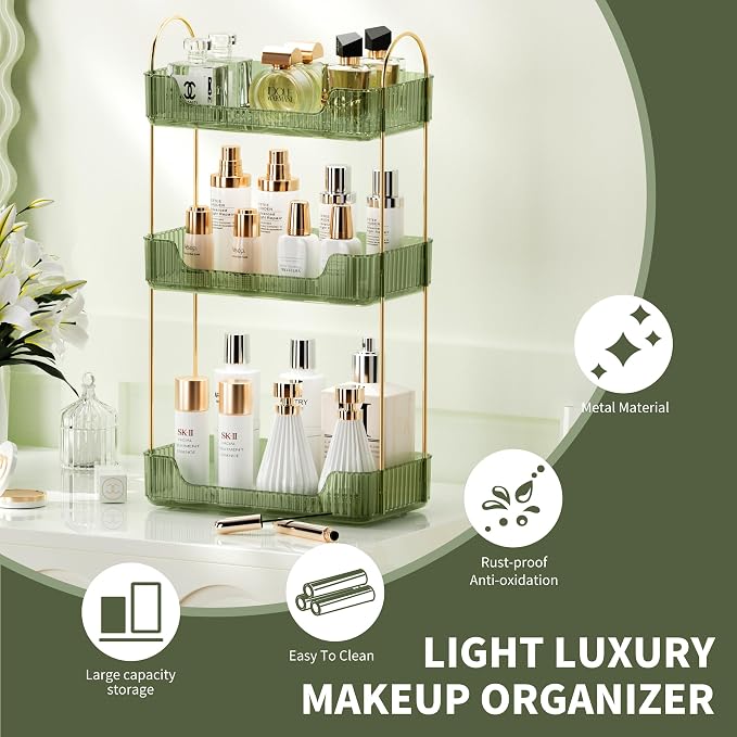 Akinbas 3 Tier Bathroom Organizer Countertop Makeup Perfume Tray Skincare Organizer for Bathroom Dresser Vanity (Green) - Image 3