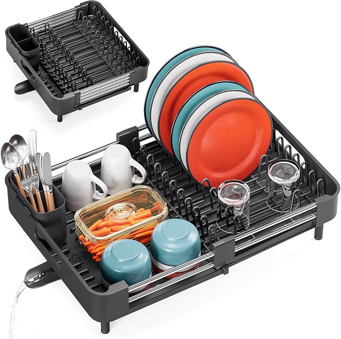 TOOLF Expandable Dish Drying Rack with Cutlery Holder, Standard, Black | Stainless Steel &PP, Extenable 12.6"-18.7"D, Anti-Rust, Auto-Drainage, Space-Saving, Fit for RV, Apartment Sink Countertop by TOOLF