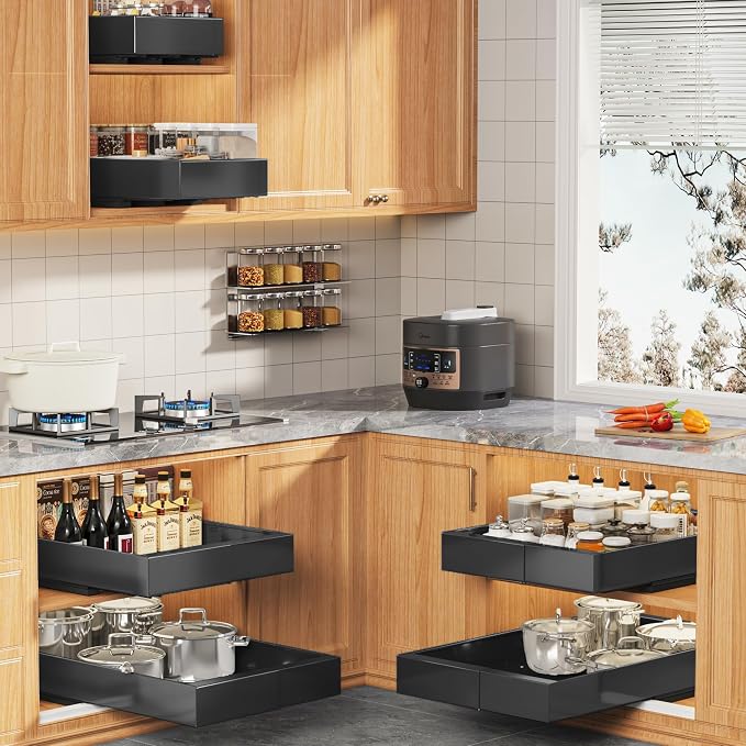 Seinloes 2 Pack Expandable Pull Out Cabinet Organizer 21" Deep with Raising Pad for Framed Cabinets,Upgrade 3 Slide Rails Slide Out Drawers,Roll Out Shelves Adhesive,Adjustable Width 9"-14.1" Black - Image 5