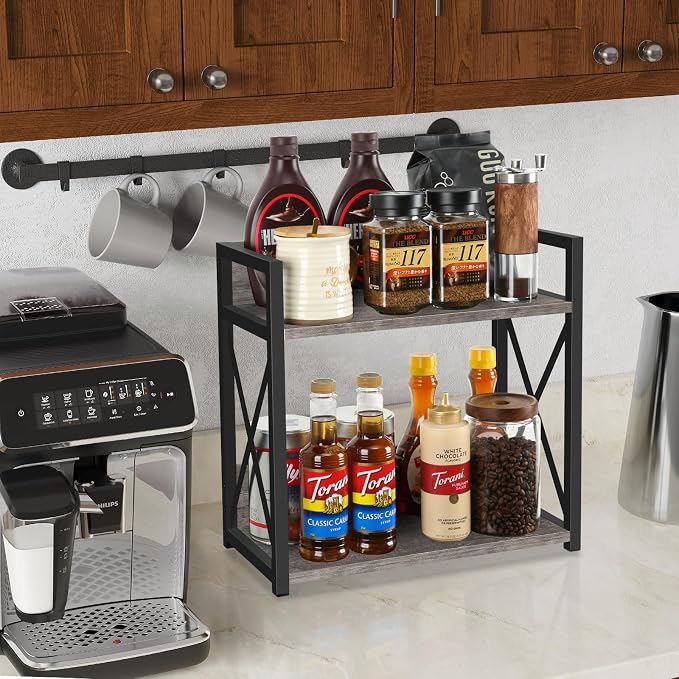 YINMIT Kitchen Countertop Organizer,Spice Rack,Coffee Bar Shelf Organizer | 2-Tier Coffee Station,Seasoning Storage,Syrup,Mug Cup,Bottle Holder,Bathroom Vanity,Pantry,Bedroom and Office,Grey,Large - Image 2
