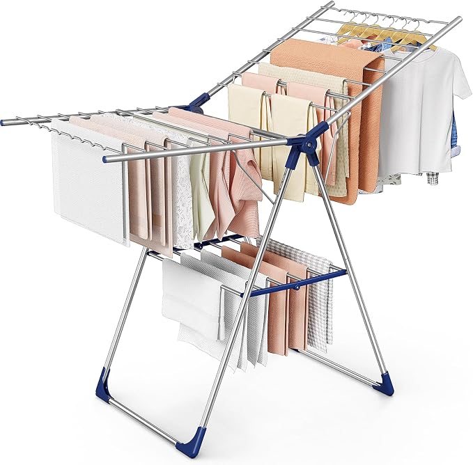 Sakugi Clothes Drying Rack, 55.5" Adjustable Wings, Foldable Design | Laundry Room, Bedroom, Outdoor & Indoor Use, Height Adjustable, Collapsible, Silver Blue, 55.5" L × 22.8" W by Sakugi