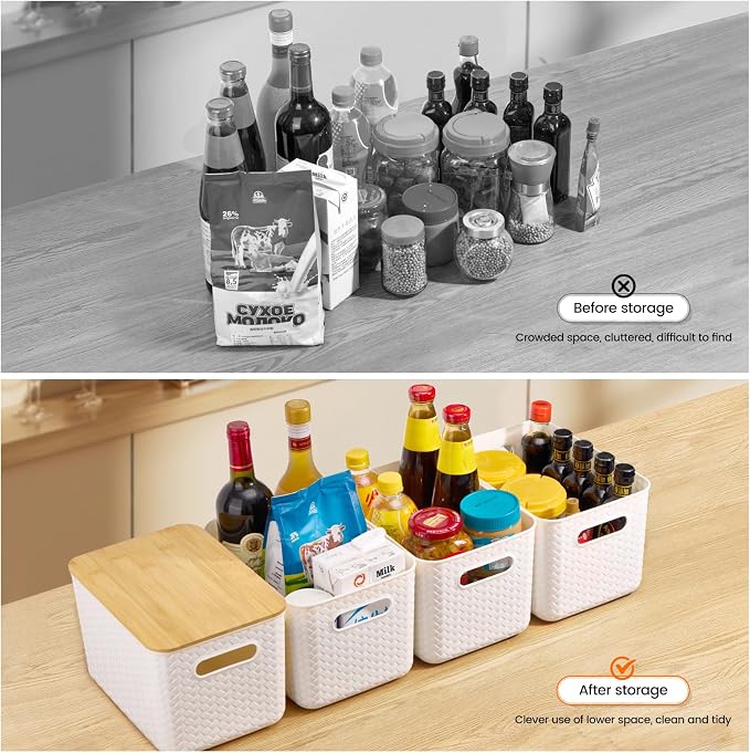 Ohmlove 4 Pack Storage Bins with Bamboo Lids,Stackable Box for Organization | Plastic Storage Containers with Handle, Storages Baskets for Organizing Desktop Closet Playroom Classroom Office, White - Image 4