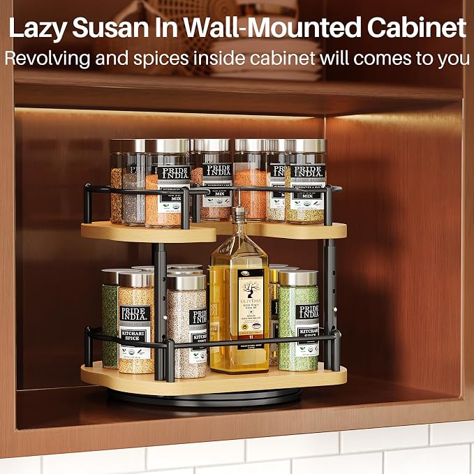 SNTD Lazy Susan Spice Rack Organizer for Cabinet, Wood, Natural, 9 in | Rotating Turntable, Height Adjustable, Space-Saving D-Shape Design, Revolving Spice Storage for Kitchen Countertop Pantry - Image 8
