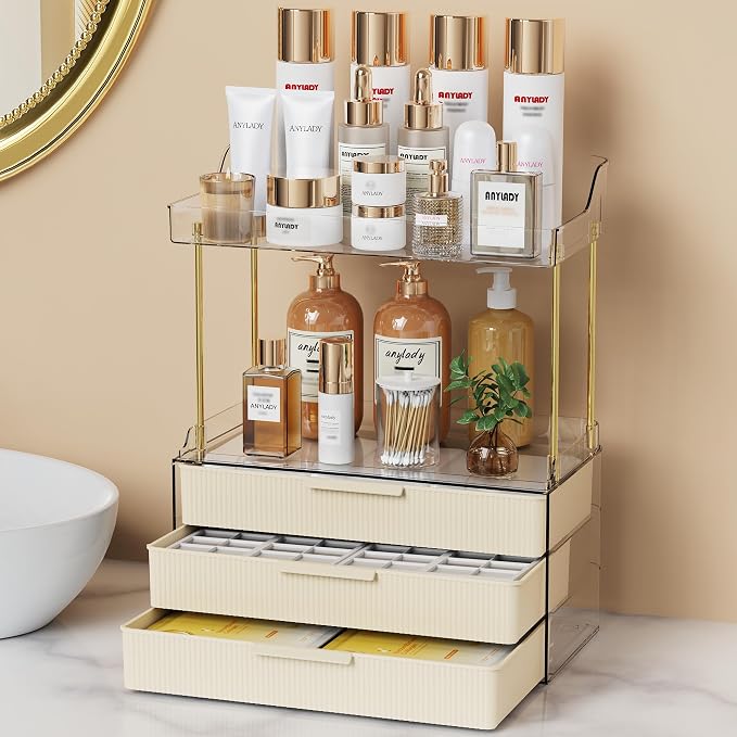 Anylady Bathroom Organizers and Storage, Makeup Organizer (Sturdy Durable Attractive), Ideal for Vanity, Countertop, Counter, Perfume, Skincare, Cabinet, Cosmetic, Dresser Organizer (Cream) by Anylady
