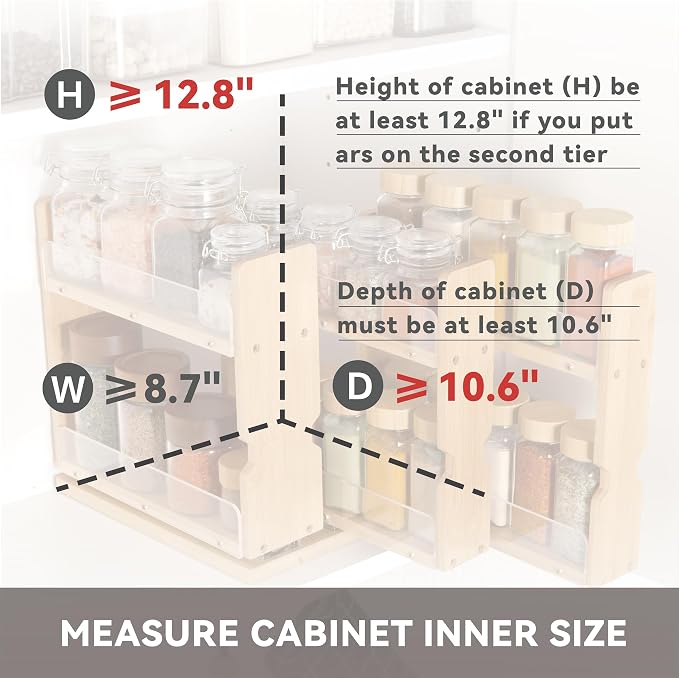 Bamboo Pull Out Spice Rack Organizer for Cabinet, 3 Slide-Out Drawers(2"&3") with Wide Drawer for Large Bottles, Kitchen Pantry Heavy-Duty Sliding Vertical Organization, 8.6"W,2-Tier,Natural - Image 6