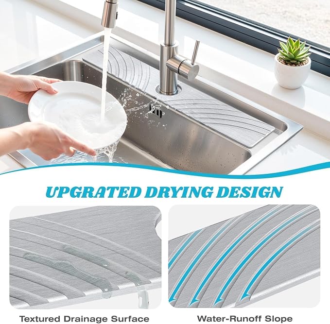 SpaceHacks Stone Faucet Mat for Kitchen Sink 23.7x4 in, Light Gray | Fast Drying Diatomite Stone Drying Mat, Water Splash Guard, Textured Drainage Sink Protector, Suits Bathroom&Kitchen Counter - Image 3