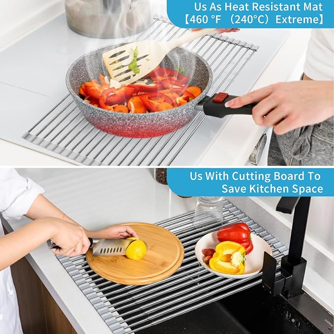 Expandable Roll-UP Dish Drying Rack-Large 304 Stainless Steel Dish Drainer Over The Sink for Kitchen Countertop,Extendable & Rollable & Food Grade (Silver,22.08'x 13.2') - Image 5