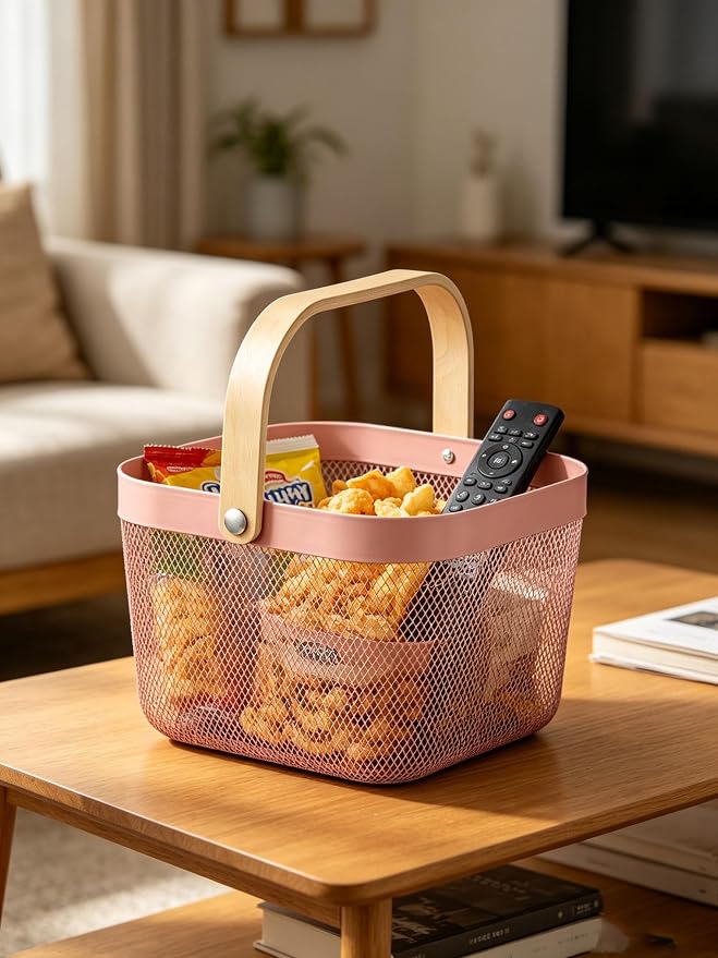 AJIODA Metal Mesh Steel Basket, Storage Organizer Basket Multi-functional Hanging Kitchen Baskets Fruit Baskets with Wooden Handle for Kitchen Bathroom Picnic Shopping Decor Cabinet Home, Rose Pink - Image 7