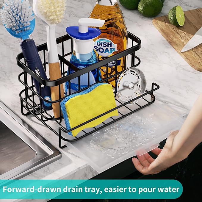 HapiRm Kitchen Sink Organizer, SUS304 Stainless Steel Rustproof Multifunctional Sink Caddy with Sponge Holder and Drain Tray for Kitchen Countertop (Black) - Image 3