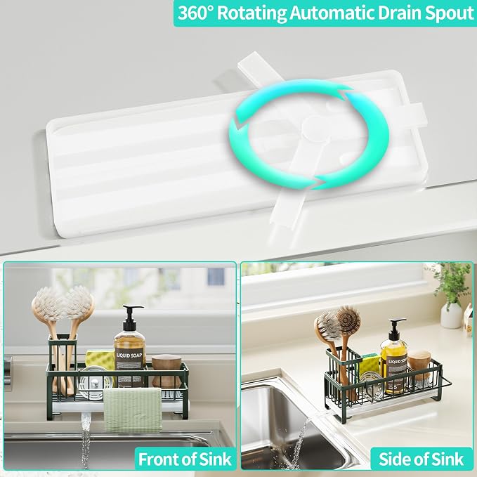 HapiRm Sponge Holder for Kitchen Sink - Self-draining Sink Caddy with Brush and Dishcloth Holders, Stainless Steel Kitchen Organizer for Countertop - Green - Image 2